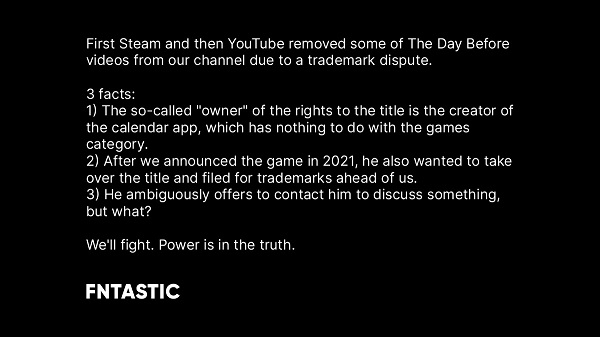 Fntastic объяснила блокировку роликов The Day Before на YouTube и пообещала показать разработку игры