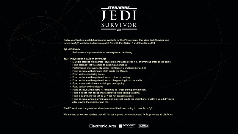 Первый патч для Star Wars Jedi: Survivor обещает повышение производительности — обновление уже доступно на ПК, а на консолях появится завтра