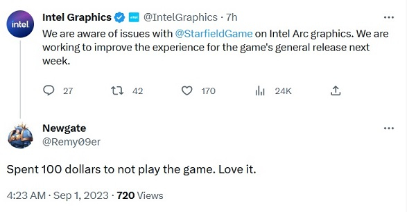 «Заплатил $100, чтобы не поиграть в игру»: владельцы видеокарт Intel Arc остались у разбитого корыта на старте раннего доступа Starfield