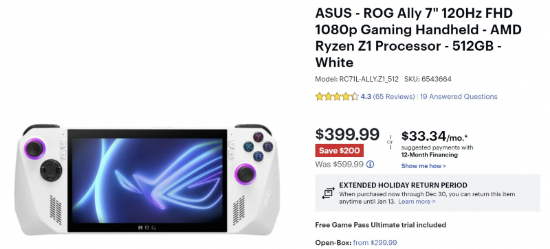 Стоимость портативной консоли ASUS ROG Ally с AMD Ryzen Z1 рухнула до $399 