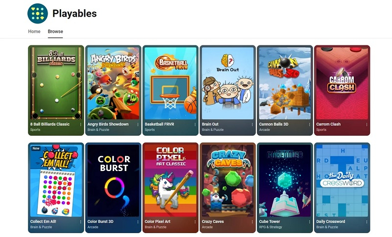 YouTube запустил раздел Playables с бесплатными играми 