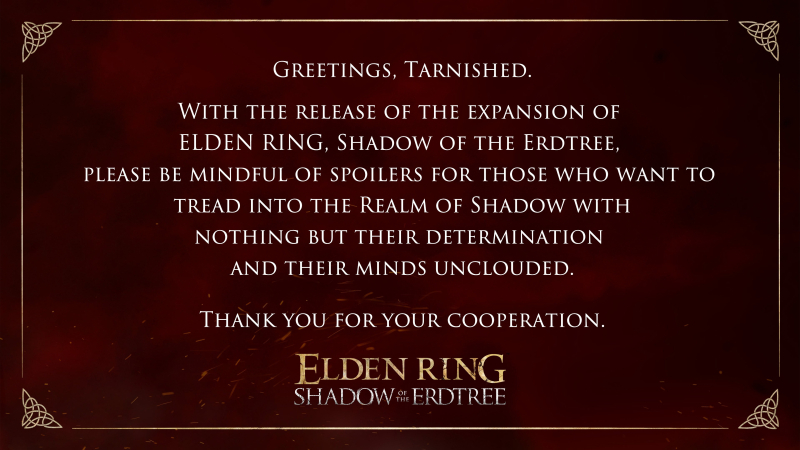 На YouTube выложили полтора часа официального геймплея Elden Ring: Shadow of the Erdtree, а Bandai Namco предупредила игроков о спойлерах 